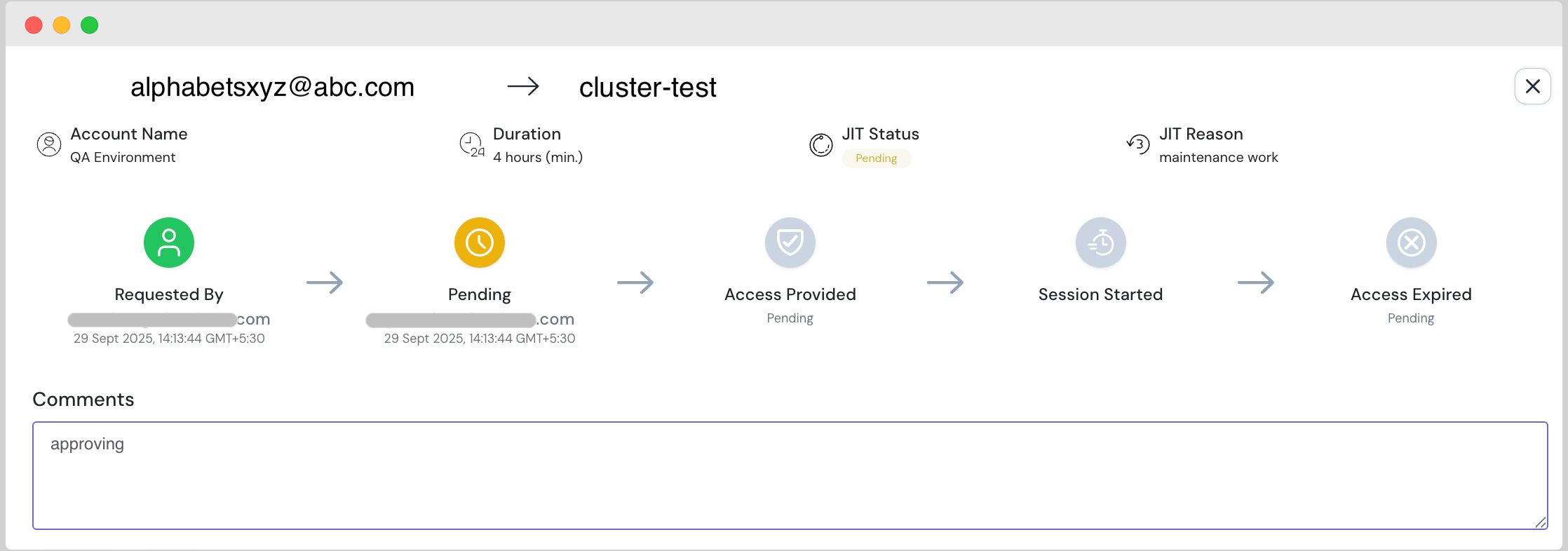 Cloudanix console showing Azure Kubernetes JIT request flow